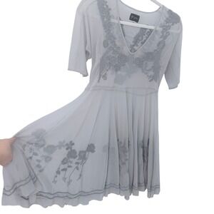 Biya Johnny Was Gray Mesh Sheer Embroidered V-Neck Boho A-Line Dress Small